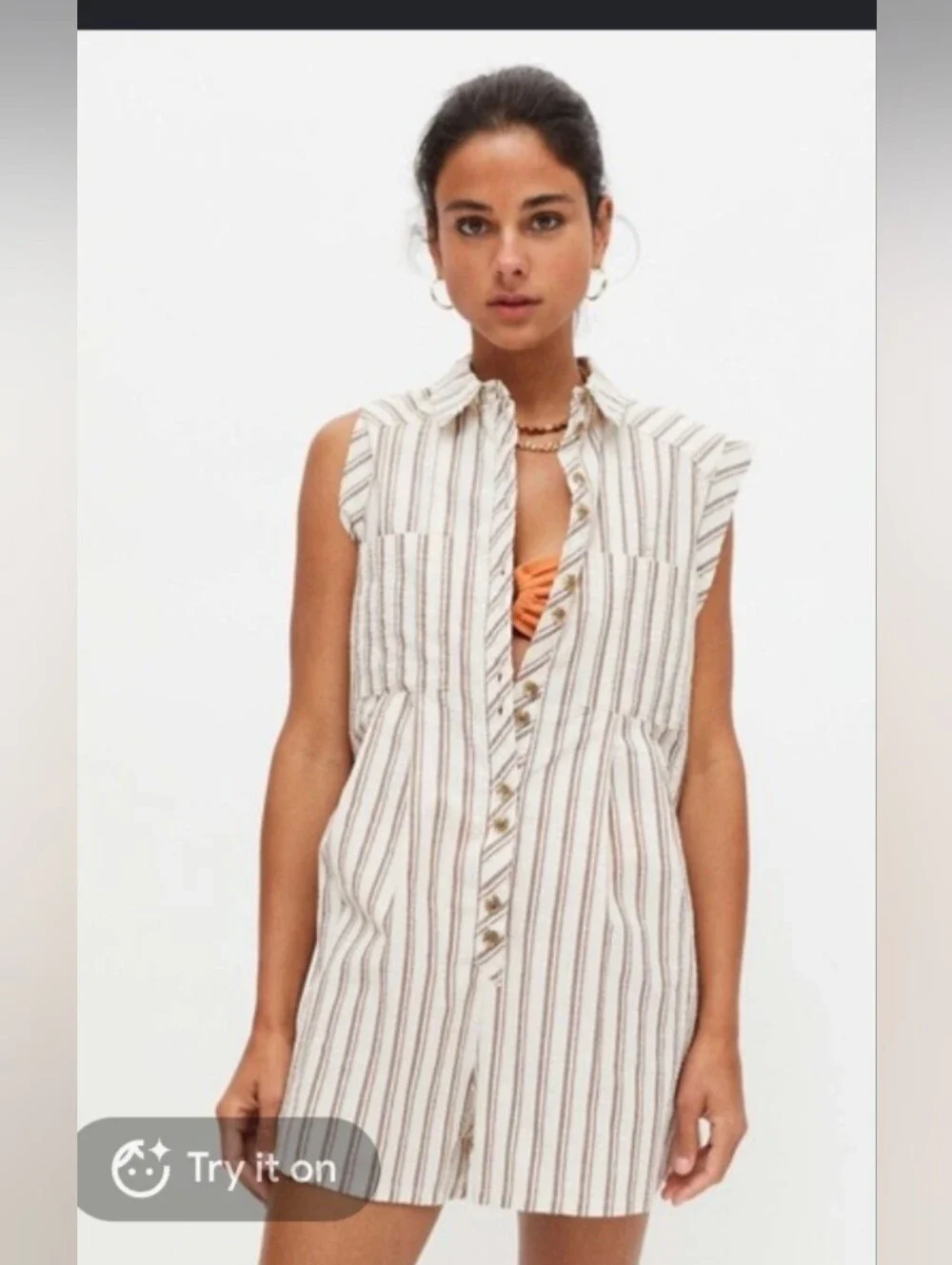 Sleeveless Striped Button-Front Cotton Romper in Beige and Brown S
